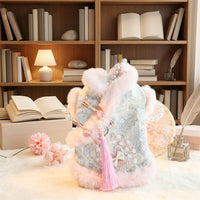 Pet Princess Dress with Hood, Ruffled Layered Small Dog Skirt, Warm Thick Pet Clothing, Dog Dress and Cat Party Outfit with fuzzy ball Bow