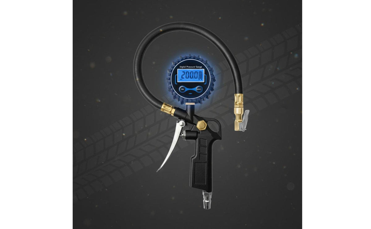 High Precision Tire Pressure Gauge Inflator Aluminum Alloy Inflator Gauge Blue Backlit Screen Vehicle Pressure Tester EU Valve Connector for Garage, Service Shop