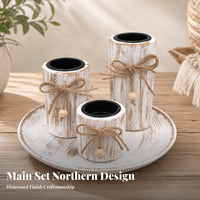 3 Pieces Wooden Candle Holder with Tray | Cozy Farmhouse Style, Candle Holder with Jute Bow, for Tabletop
