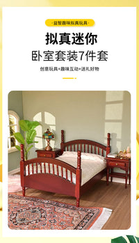 Dollhouse Miniature Furniture Model Ornaments 1:12 Miniature Bedroom Scene ob11 Wooden Bed Furniture 7-Piece Set