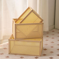 Wooden Storage Basket Lightweight Basket with Handles Space-Saving Rectangular Storage Box for Closet, Shelves, Bedroom