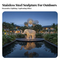 Luminous Metal Elephant Modern Art Design Hollow Wireframe Elephant Statue Weather Resistant Stainless Steel Animal Ornament for Lawn, Garden, Park