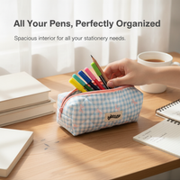 Cream Plaid Bowknot Pencil Case Portable Stationery Storage Bag for Students