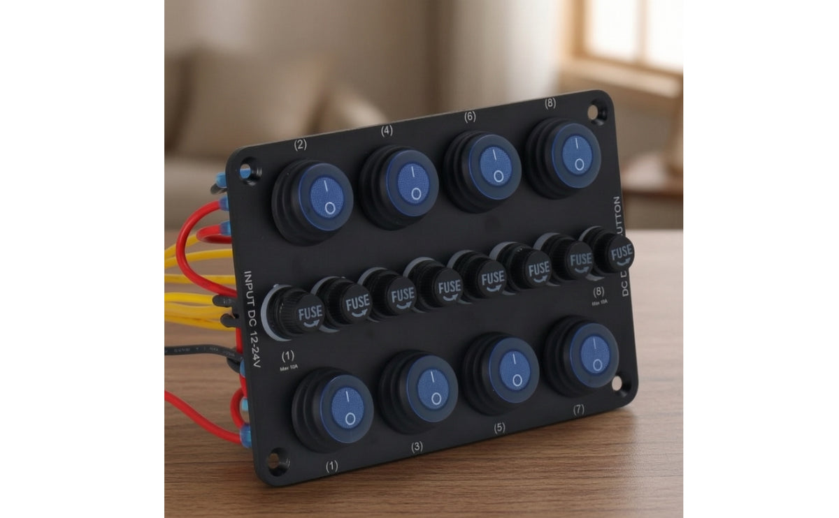 DC Switch Panel with Fuses 8-Gang Rocking  Switch Panel Overload Protection for DIY Electricians