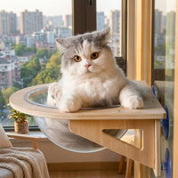 Cat Window Perch with Clear Acrylic Bowl, Solid Wood Window Bed and Hammock for Indoor Use, Fixed Mount No Drill Space Saving Cat Furniture