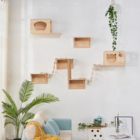 Wooden Wall-Mounted Cat Climbing Shelf with Cat House and Scratching Post