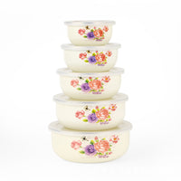 5 Pieces Enamel Bowls with Lids Floral Bowl Set Dishwasher Safe for Refrigerator