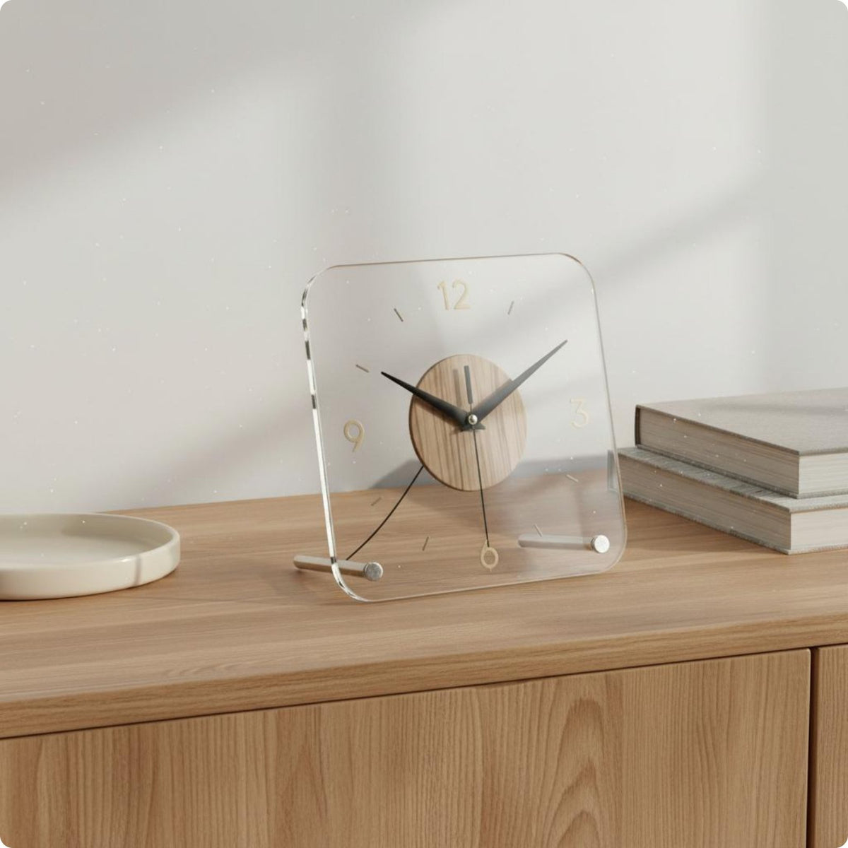 Square Tabletop Clock Rounded Corners Wood and Metal Clock Minimalist Home Decor for Shelf, Bedside
