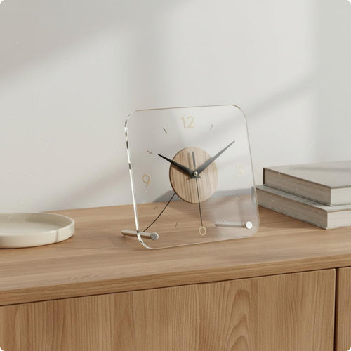 Square Desk Timepiece Rounded Corners Wood and Metal Timepiece Minimalist