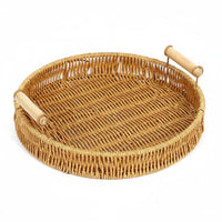 Woven Tray with Wooden Handles Versatile Faux Rattan Serving Platter Great Gift Idea Round Bread Basket for Kitchen, Dining Table, Living Room