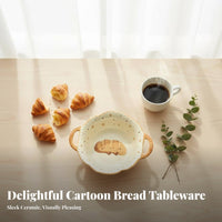 Cute Cartoon Bread Ceramic Bowl and Plate Set, Large Rice and Pasta Bowl, Tableware for Adults, Student Dorm, Single-Person Use