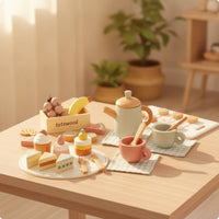 Wooden Tea Party Set Pastel Wooden Tea Set for Young Children, Playroom