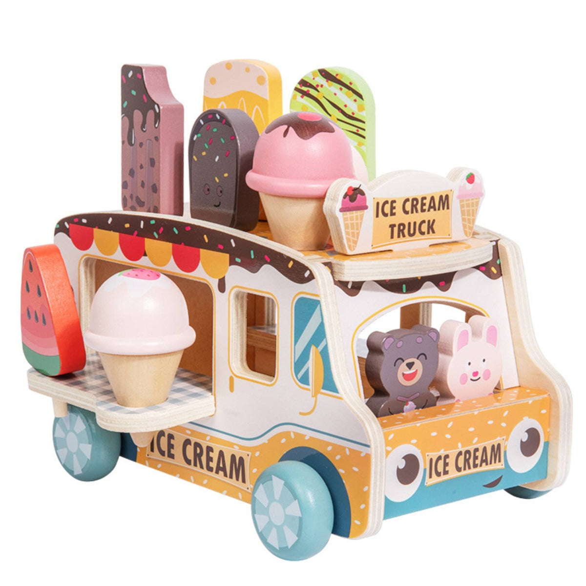 Early Learning Wooden Ice Cream Truck Encourages Imaginative Play Ice Cream Cart Playset Develops Fine Movement Skills Shape Sorter Food Truck for Preschoolers, Toddlers