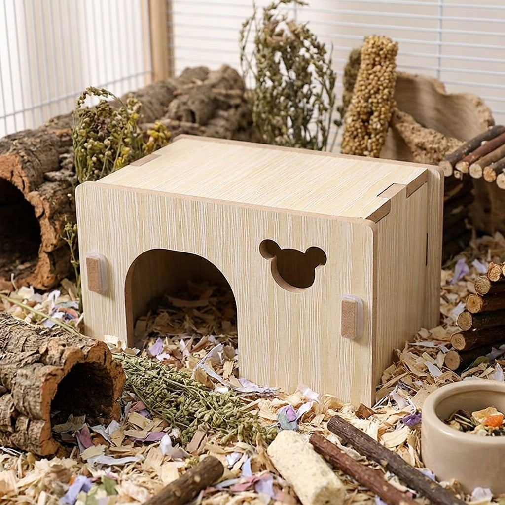 Solid Wood Hamster House, Single Room Wooden Hamster Hideaway with Round Hole Entrance, Syrian Dwarf Habitats Decor for Resting and Sleeping