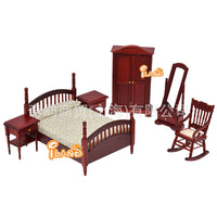 6-Piece 1:12 Scale Wooden Dollhouse Miniature Bedroom Furniture Set in Mahogany Color
