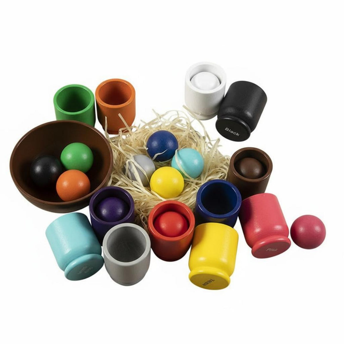Early Learning 12 Color Sorting Cups and Balls Fine Movement Skills Wooden Ball and Cup Sorting Set Hand-Eye Coordination Color Matching Toy Set for Preschoolers
