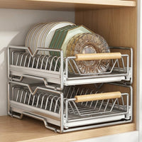 Carbon Steel Pull Out Dish Rack and Bowl Rack, Rectangular Double Layer Bowl and Plate Rack, Modern Minimalist Kitchen Drawer Organizer Shelf