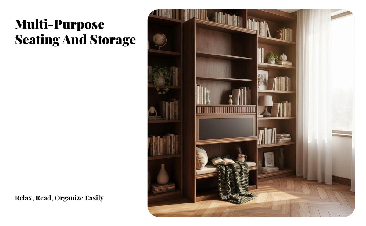 Integrated Seating alcove bookshelf with Built-in Bench sturdy Wood Construction interior Cabinet System configurable Design Storage integrated Universal for Book Lovers, householders, Families, Study Room, Home Office, Library