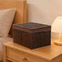 Paper Rope Storage Basket with Lid, 38x26x25cm Woven Rectangular Hamper, Plaid Lined for Living Room & Kids Bedroom