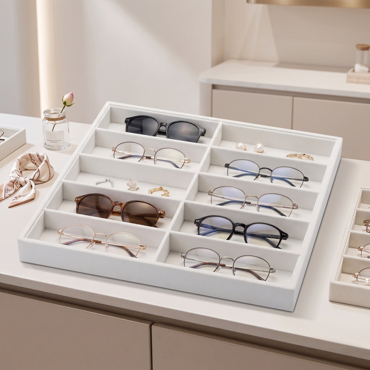 Multi-Slot Eyeglasses Display Tray Practical Glasses Tray Slim Glasses Organizer Rectangular for Collectors, Drawer, Countertop