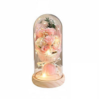 Romantic Gift Blossom Arrangement Glass Dome Long-Lasting Blossom Glass Dome Lamp Hand-Assembled Lighted Flower Cloche Dustproof Cover for Mom