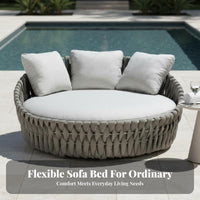 Waterproof Round Daybed with sun shade Weather-Resistant Canopied Round Sectional Wicker Weave design Outdoor Furniture Hand-Woven for Hospitality Businesses, Homeowners, by the pool, Garden, Patio, rearyard