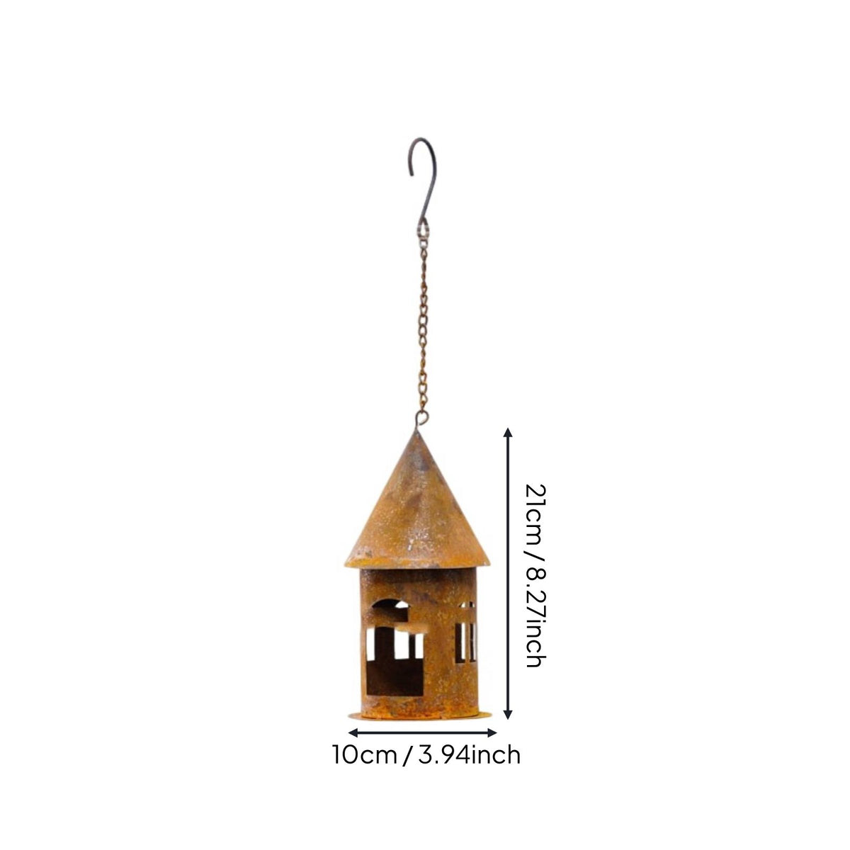 Weathered Iron Cottage Lantern Hanging Castle Candle Holder for Garden, Patio, Balcony