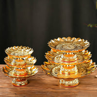 Gold-Colored Lotus Offering Plate Scalloped Buddhist Offering Plate Embossed Tray with Pedestal Decorative for Buddhists, Worshipers, Altar, Shrine, Temple