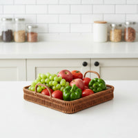 Square Woven Tray with Handles Shallow Serving Tray with Handles Wicker Bread Basket Rustic for Dining Table, Kitchen Counter, Living Room