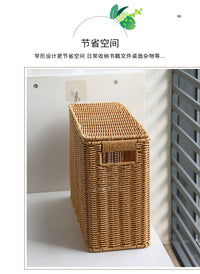 窄高型带盖收纳箱家用缝隙杂志筐仿藤编墙角沙发边角储物盒.