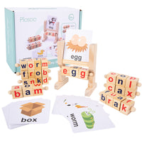 Wooden Reading Blocks Spelling Game with Cards, Montessori Rotating Letters Learning Toy for Preschool Boys and Girls