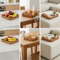 Square Woven Tray with Handles Shallow Serving Tray with Handles Wicker Bread Basket Rustic for Dining Table, Kitchen Counter, Living Room
