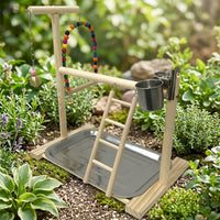 Parrot Playground with Bird Climbing Ladder and Bird Swing, Wooden Parrot Stand with Removable Tray, Multi-functional Cockatiel Budgie Perch