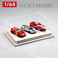 1 64车模展示盒三车位羊巴皮革亚克力防尘罩收纳合金汽车模型摆件