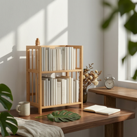 Bamboo Bookshelf Adjustable Slatted Bamboo Shelf Assembled Open Frame Bookshelf