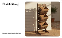 triple-tier Woven Organizer Floor-Standing publication holder Rack hardwood Wood Frame for Readers