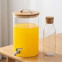 Beverage Dispenser with Wood Stand and Lid, Glass Juice Dispenser for Parties, Large Capacity Iced Tea and Lemonade Dispenser Kitchen Outdoor Use