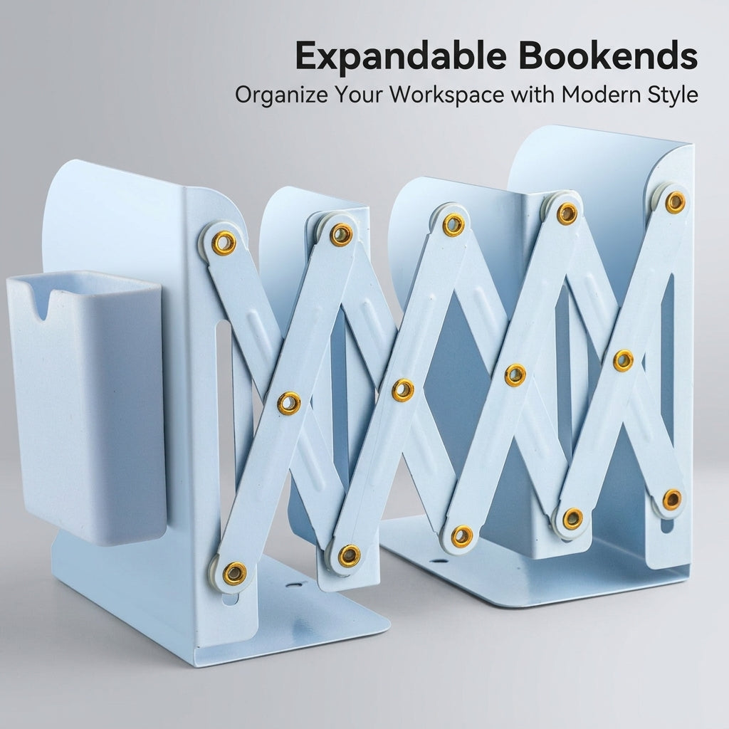 Adjustable Metal Bookends with Pen Holder, Extra Large Desktop Organizer for Shelves, Heavy Duty Book Stoppers for Office and Students