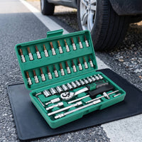 Socket Set with Hard Shell Case 46-Piece Socket Set with Case Chrome Mechanics Tools Kit for Vehicle Owners, Hobbyists, Garage, Home Maintenance