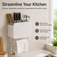 Wall Mount Kitchen Utensil Holder with Knife Slot, Large Utensil Organiser, Automatic Drying Storage, Dustproof Polymer Rack