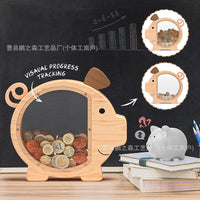 木质儿童创意存钱罐创意简约透明亚克力透明小猪储蓄罐桌面硬币罐