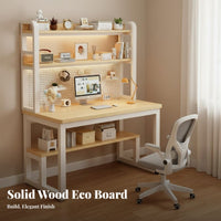 Desk Bookshelf Combo Multifunctional Computer Desk with Hutch Pegboard Wide Desktop Solid Wood Frame Functional Design Suitable for Students Kids Bedroom Dorm Room