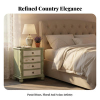 Rustic Country design Bedside Storage Cabinet Distressed Finish 4-Drawer Painted Side Table Floral Carving Nightstand Colorful Design for Homeowners, Apartment Dwellers, Interior Designers, Bedroom, Home Decor, Entryway, Small Spaces