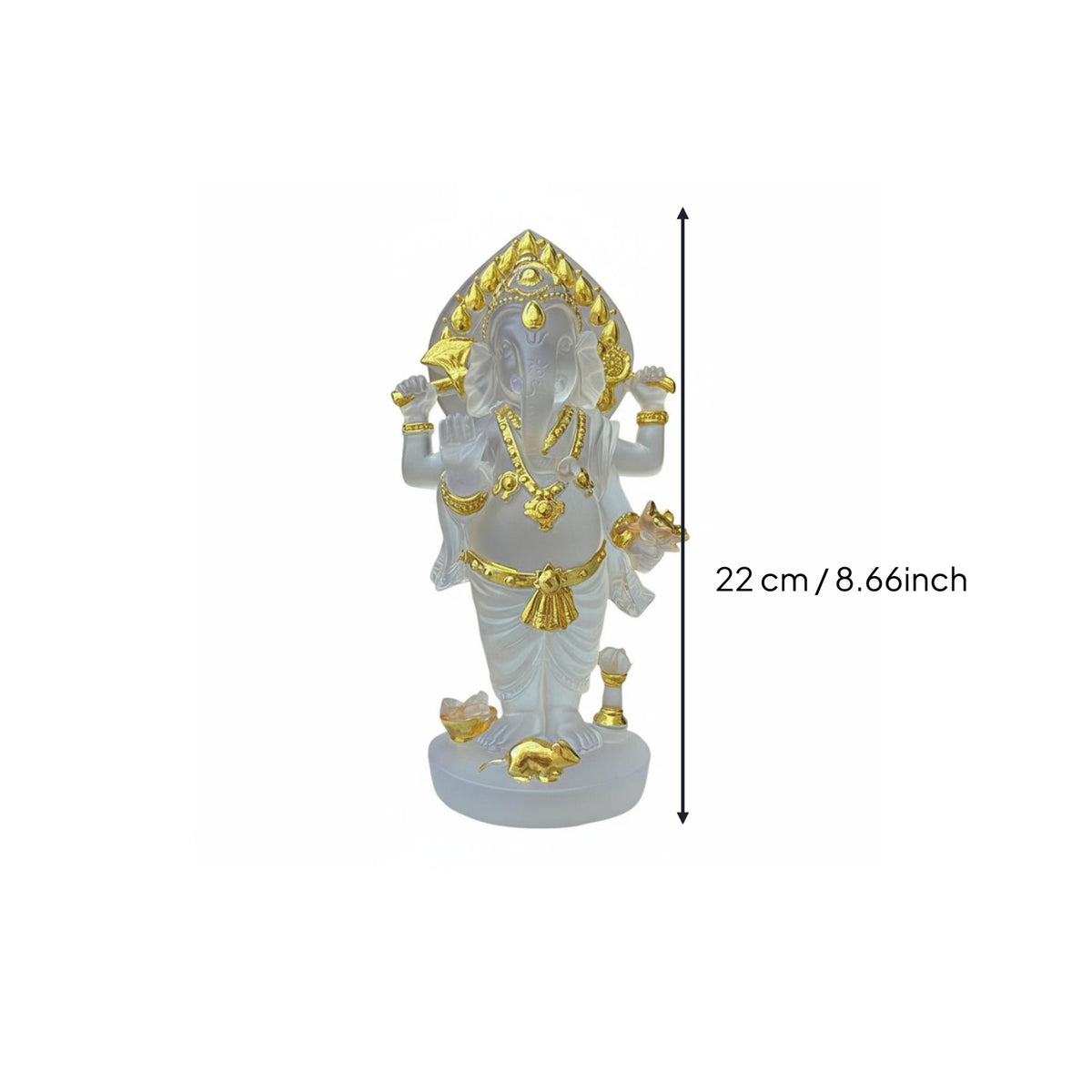 Ornate Headdress Elephant-Headed Deity Figurine Layered Draped Clothing Standing Deity Statue Gold-Toned Four-Armed Figurine Three-Dimensional for Shelf Display