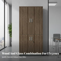 Wooden Filing Cabinet with Lock Multi-Compartment Design Modern Office Storage Cabinet Easy Assembly Bookcase with Glass Doors for Study Room, Library