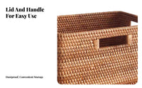 Lidded Rattan Basket Multi-Purpose Rectangular Woven Basket with Lid for Parents