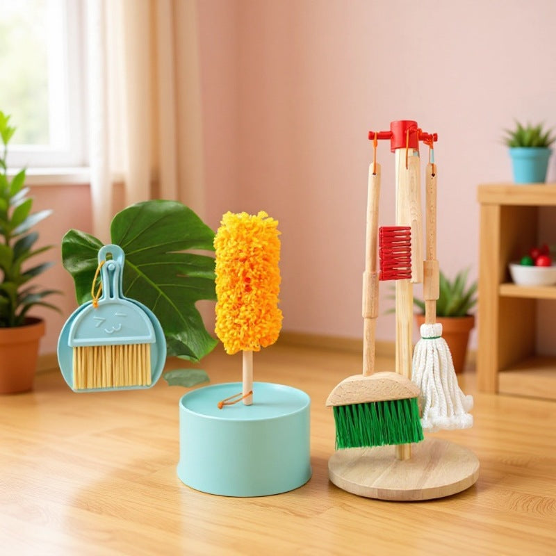 DORU Wooden Pretend Play Cleaning Set for Kids, 6 Pieces, Broom and Mop Toy