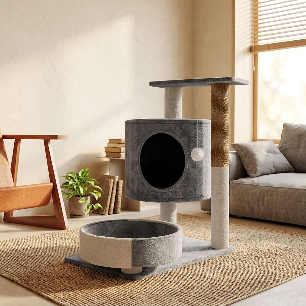 Cat Activity Center with House and Hammock, 2-Level Perch featuring Scratching Board, Simple Style Indoor Kitten Play Area for Small Areas
