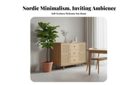 Japandi design Rattan Door Console Minimalist Design Arched Rattan Door Console Wood Grain Finish Sideboard Multi-Purpose for Homeowners, Adults, Renters, Living Room, Entryway, Hallway, Bedroom