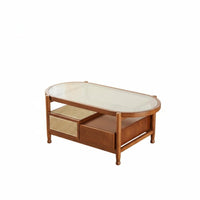two-level Oval Glass and Rattan Stand Nordic Design Coffee Table Minimalist and design Rounded Edges for Apartment Dwellers